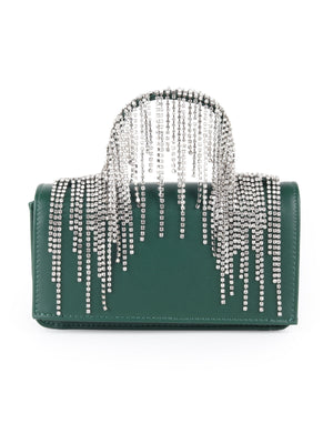 Odette Dark Green Faux Stone Tassels Embellished Clutch For Women