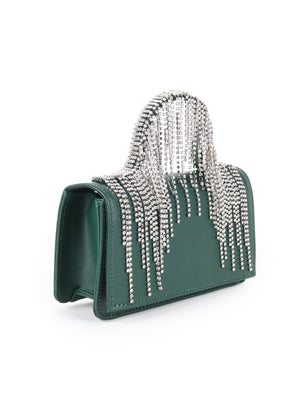 Rajwada Dark Green Faux Stone Tassels Embellished Clutch For Women