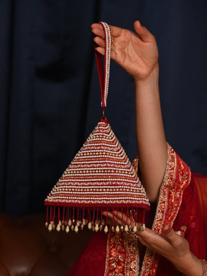 Rajwada Maroon Beads Embroidered Triangle Tassel Batua For Women