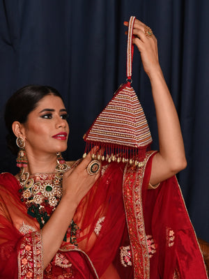 Rajwada Maroon Beads Embroidered Triangle Tassel Batua For Women