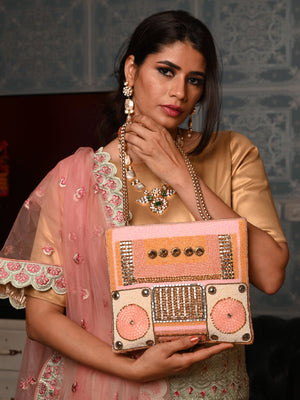 Rajwada Peach Pink Beads Embroidered Hand Bag for Women