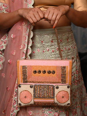 Rajwada Peach Pink Beads Embroidered Hand Bag for Women