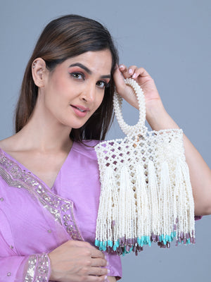Rajwada White Pearls Embroidered Clutch for Women