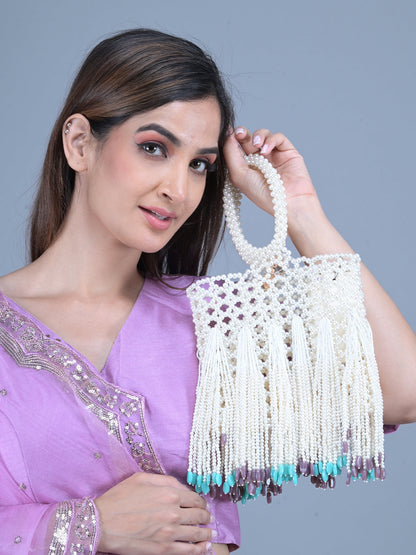 Rajwada White Pearls Embroidered Clutch for Women