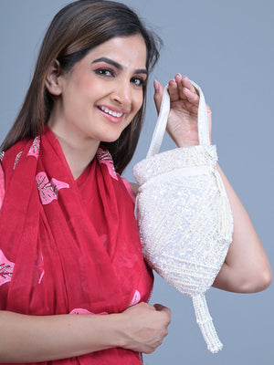 Odette Off White Pearl and Sequins Embroidered Tassel Potli Bag for Women