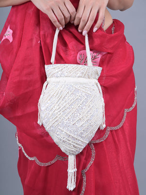 Rajwada Off White Pearl and Sequins Embroidered Tassel Potli Bag for Women