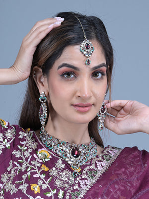 Rajwada Purple and Blue Stone Studded Necklace Set with Maangtika for Women