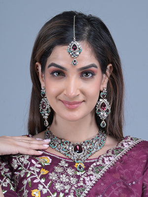Rajwada Purple and Blue Stone Studded Necklace Set with Maangtika for Women