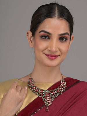 Rajwada Red and Green Gemstone Embellished Necklace Set for Women