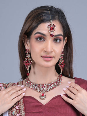 Rajwada Maroon and White Gemstone Embellished Jewellery Set with Maangtika for Women