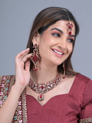 Rajwada Maroon and White Gemstone Embellished Jewellery Set with Maangtika for Women