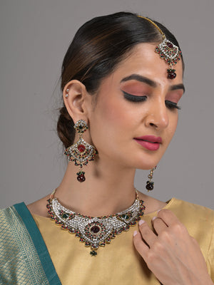 Rajwada Green and Maroon Stone Studded Necklace Set with Maangtika for Women