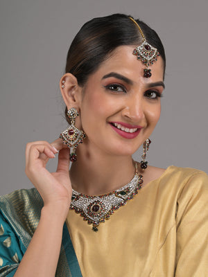 Rajwada Green and Maroon Stone Studded Necklace Set with Maangtika for Women