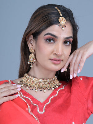 Rajwada Gold Faux Stone Embellished Ethnic Jewellery Set with Maangtika for Women