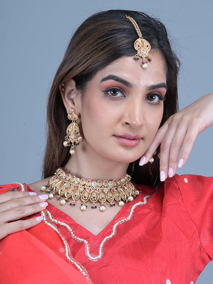 Rajwada Gold Faux Stone Embellished Ethnic Jewellery Set with Maangtika for Women