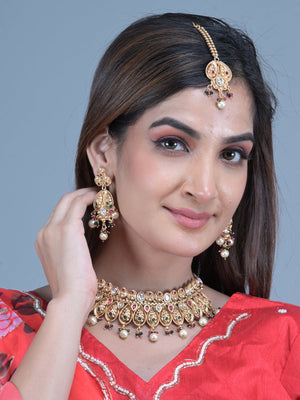 Rajwada Gold Faux Stone Embellished Ethnic Jewellery Set with Maangtika for Women