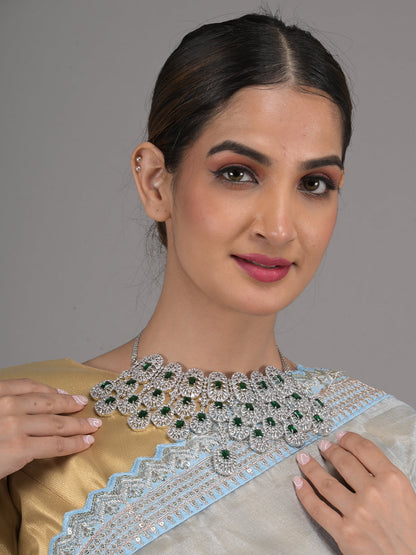 Rajwada Green and White Gemstone Embellished Necklace Set with Maangtika for Women