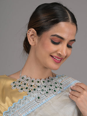 Rajwada Green and White Gemstone Embellished Necklace Set with Maangtika for Women