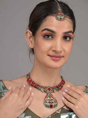 Rajwada Green and Maroon Stone Embellished Necklace Set with Maangtika for Women