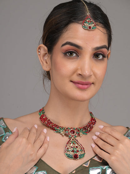 Rajwada Green and Maroon Stone Embellished Necklace Set with Maangtika for Women