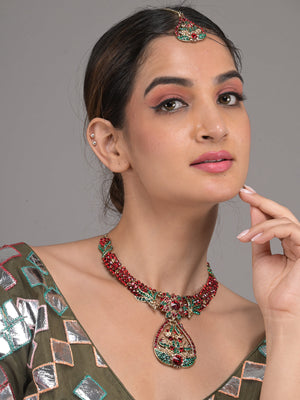 Rajwada Green and Maroon Stone Embellished Necklace Set with Maangtika for Women