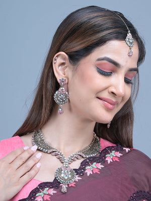 Rajwada Light Pink Embellished Kundan Necklace Set with Maangtika for Women