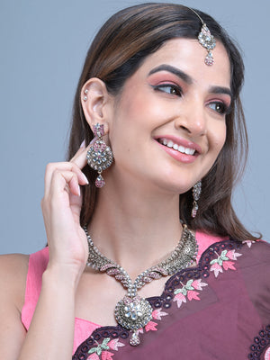 Rajwada Light Pink Embellished Kundan Necklace Set with Maangtika for Women