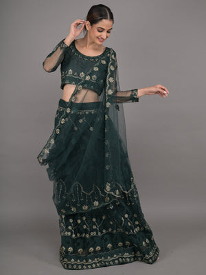 Rajwada Dark Green Embroidered Net Stitched Lehenga Set For Women