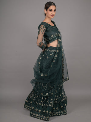 Rajwada Dark Green Embroidered Net Stitched Lehenga Set For Women