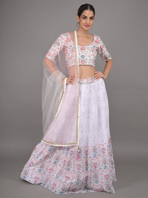 Rajwada White Printed Pleated Georgette Stitched Lehenga Set For Women