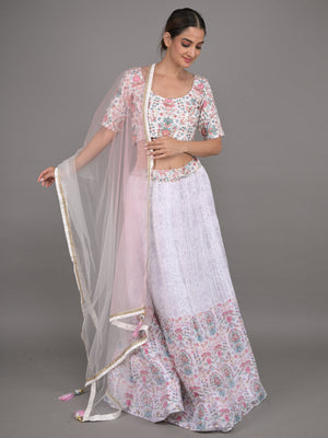 Rajwada White Printed Pleated Georgette Stitched Lehenga Set For Women