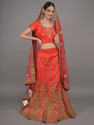 Rajwada Red Embroidered Silk Blend Stitched Lehenga Set For Women