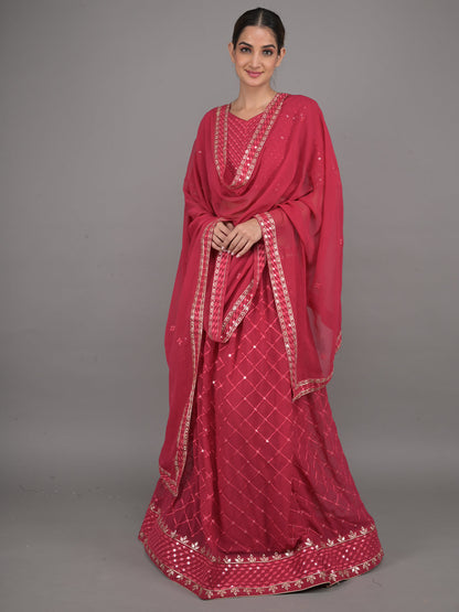 Rajwada Maroon Georgette Embroidered Stitched Lehenga Set For Women