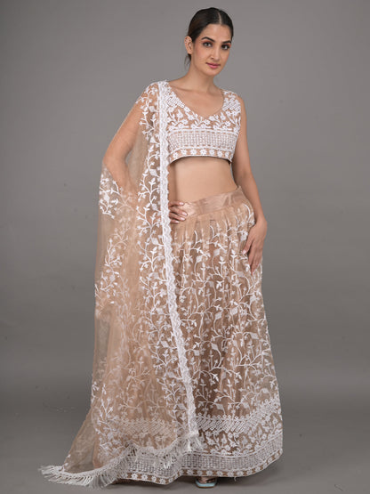 Rajwada Beige Embroidered Stitched Net Lehenga Set For Women