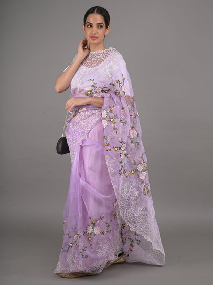Rajwada Lavender Floral Embroidered Organza Saree with Unstitched Blouse for Women