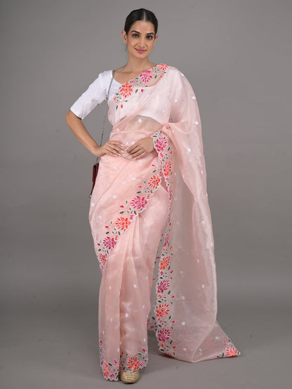 Rajwada Peach Embroidered Organza Saree With Unstitched Blouse For Women