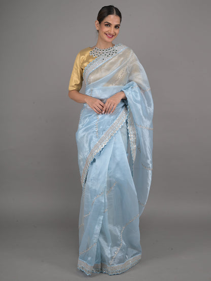 Rajwada Light Blue Embroidered Organza Saree With Unstitched Blouse For Women