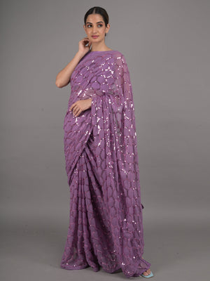 Rajwada Purple Sequins Embellished Georgette Saree with Unstitched Blouse for Women