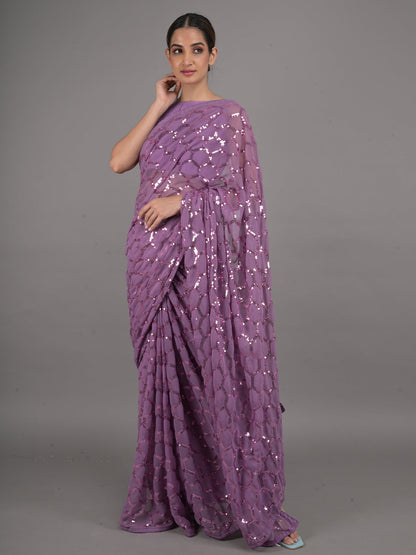 Rajwada Purple Sequins Embellished Georgette Saree with Unstitched Blouse for Women