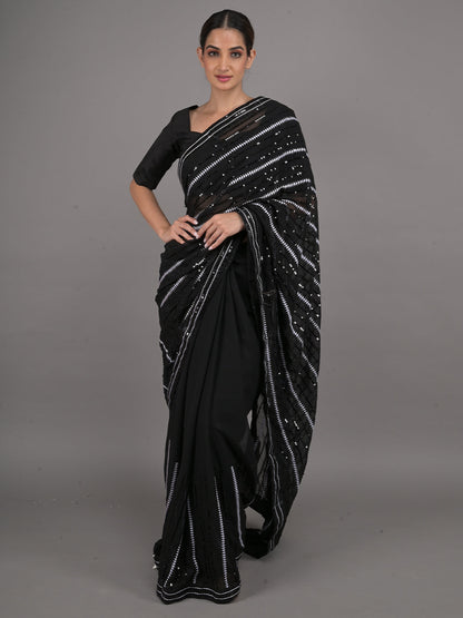 Rajwada Black and White Sequins Embroidered Georgette Saree with Unstitched Blouse for Women