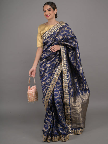 Rajwada Navy Blue Silk Blend Woven Saree With Unstitched Blouse For Women