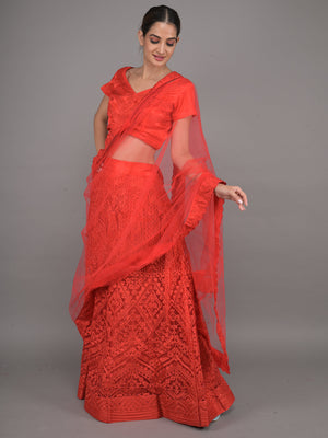 Rajwada Red Embroidered Net Stitched Lehenga Set For Women