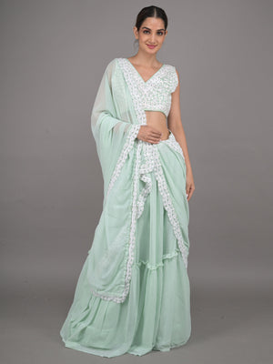 Rajwada Sea Green Georgette Embroidered Semi Stitched Lehenga With Unstitched Blouse For Women