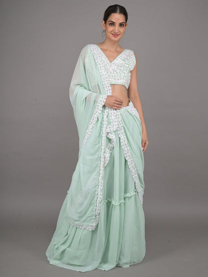 Rajwada Sea Green Georgette Embroidered Semi Stitched Lehenga With Unstitched Blouse For Women
