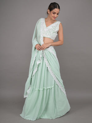 Rajwada Sea Green Georgette Embroidered Semi Stitched Lehenga With Unstitched Blouse For Women