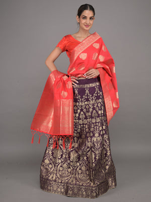 Rajwada Purple Woven Silk Blend Semi Stitched Lehenga With Red Unstitched Blouse For Women