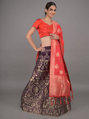 Rajwada Purple Woven Silk Blend Semi Stitched Lehenga With Red Unstitched Blouse For Women