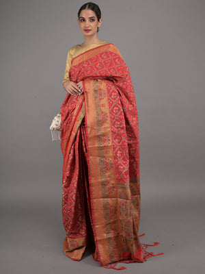 Rajwada Red Silk Blend Woven Saree with Unstitched Blouse for Women