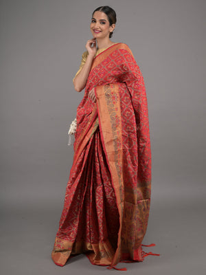 Rajwada Red Silk Blend Woven Saree with Unstitched Blouse for Women