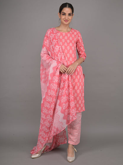 Rajwada Peach Printed Cotton Stitched Kurta Set for Women